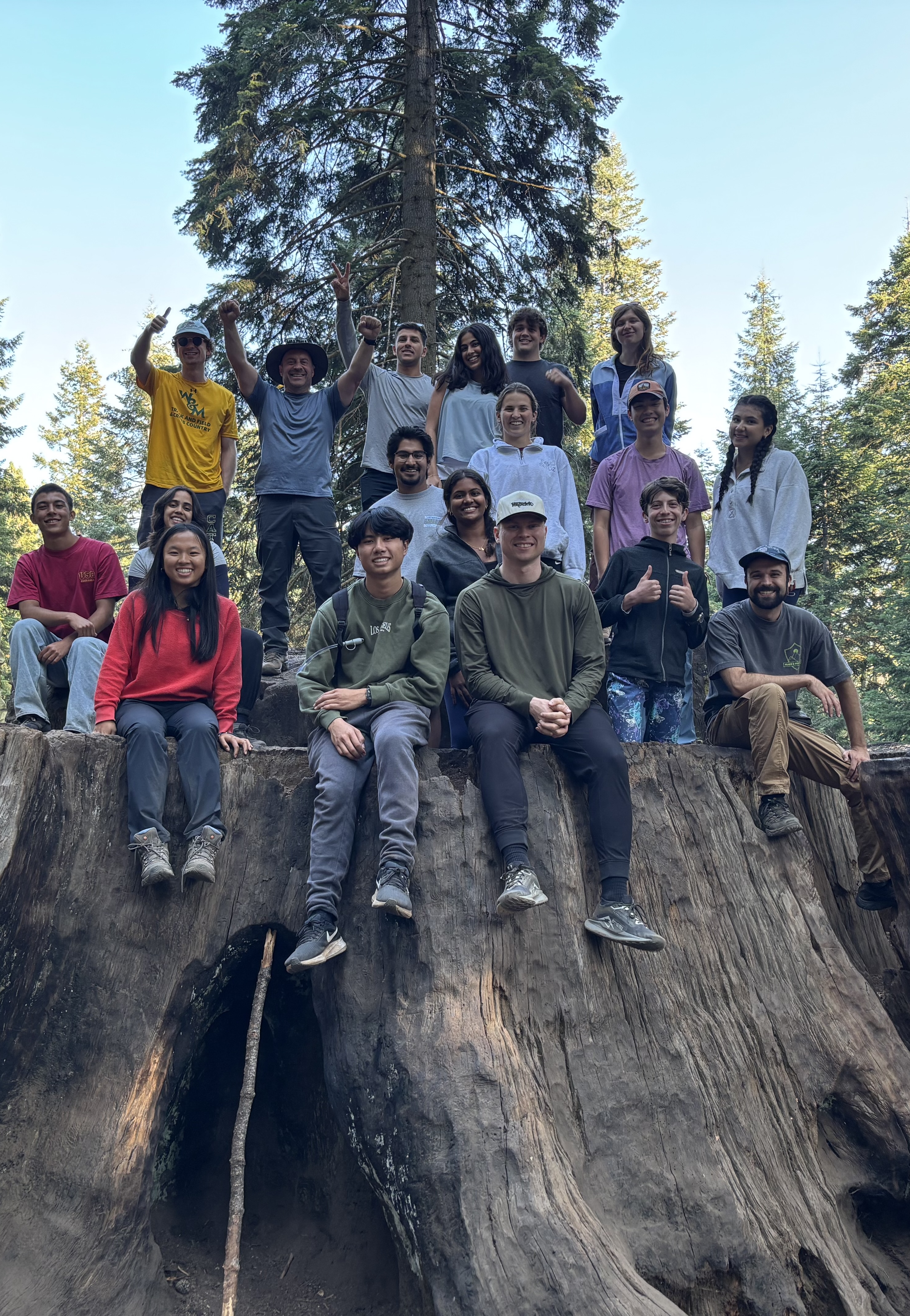 Dr. Reisman and group of USC students on top of a fallen sequoia tree during the Sequoia camping trip 2025